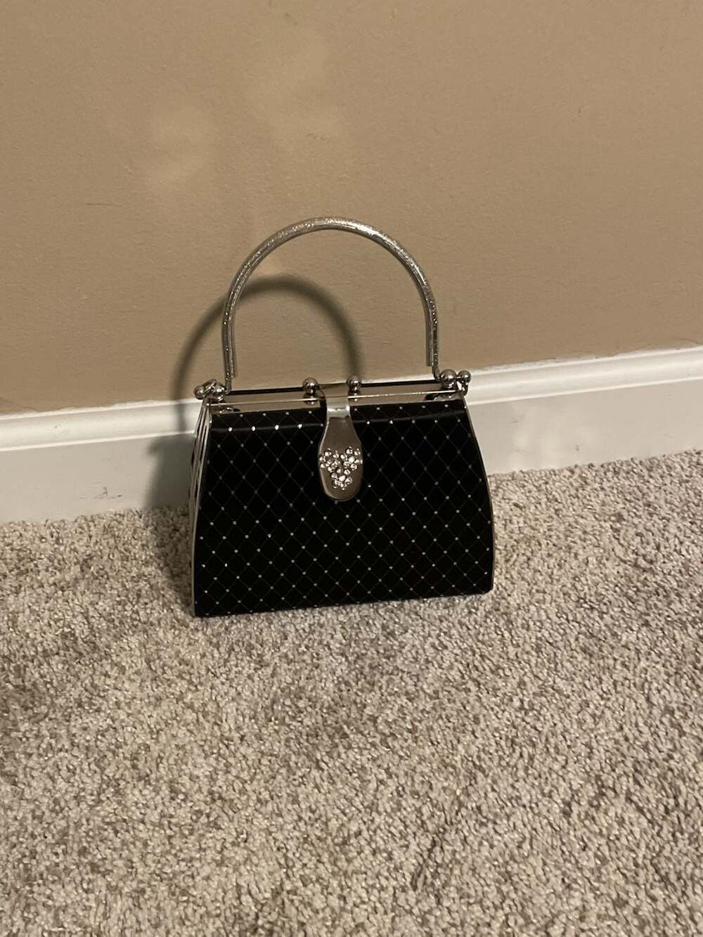Vintage Black Quilted Rhinestone Evening Bag Handbag